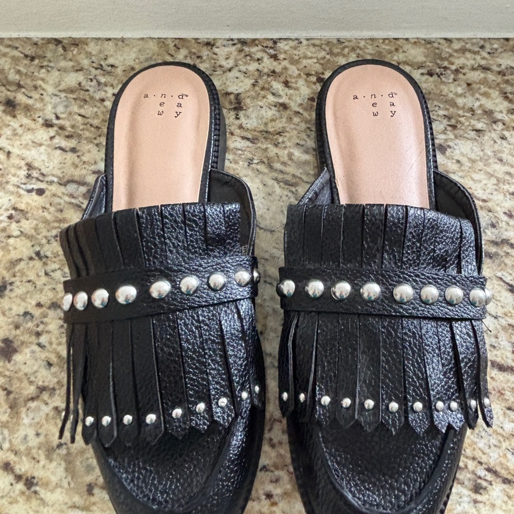 Target Black Fringe Mules with Pearl Accents
